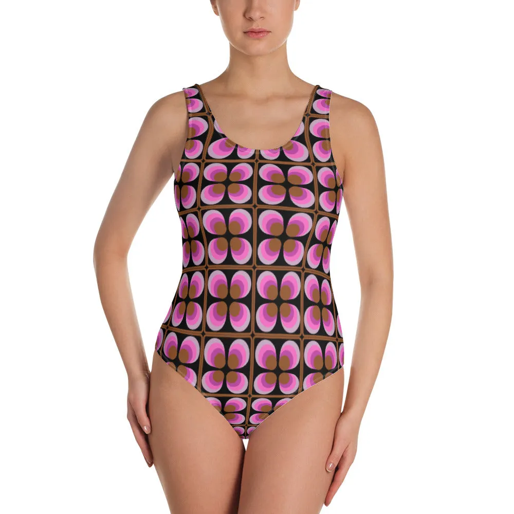 Patterned One-Piece Swimsuit | Pink Black 70s Floral Retro Style