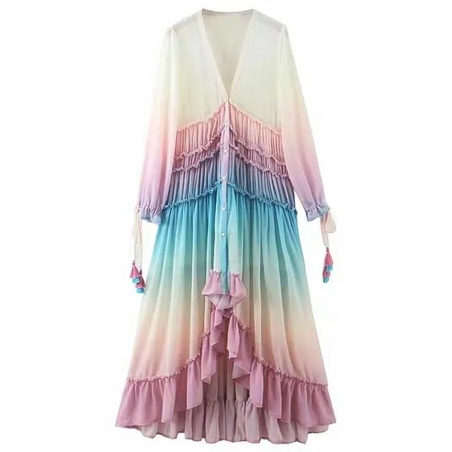 PEBBLES - Chiffon Boho Rainbow Maxi Dress