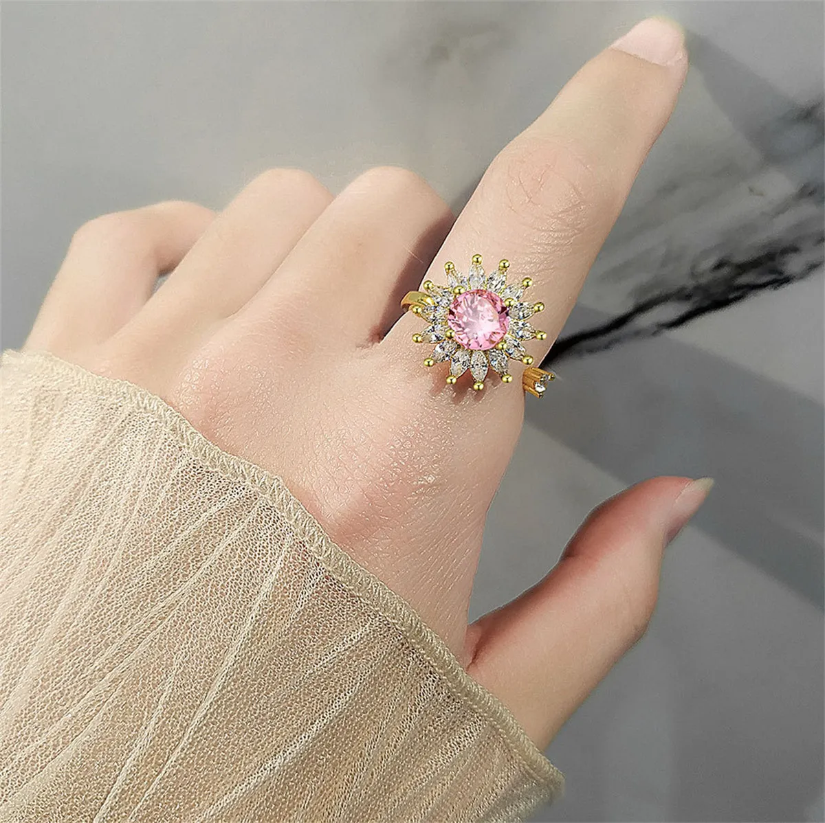 Pink Crystal & Cubic Zirconia 18K Gold-Plated Rotating Sunflower Open Ring