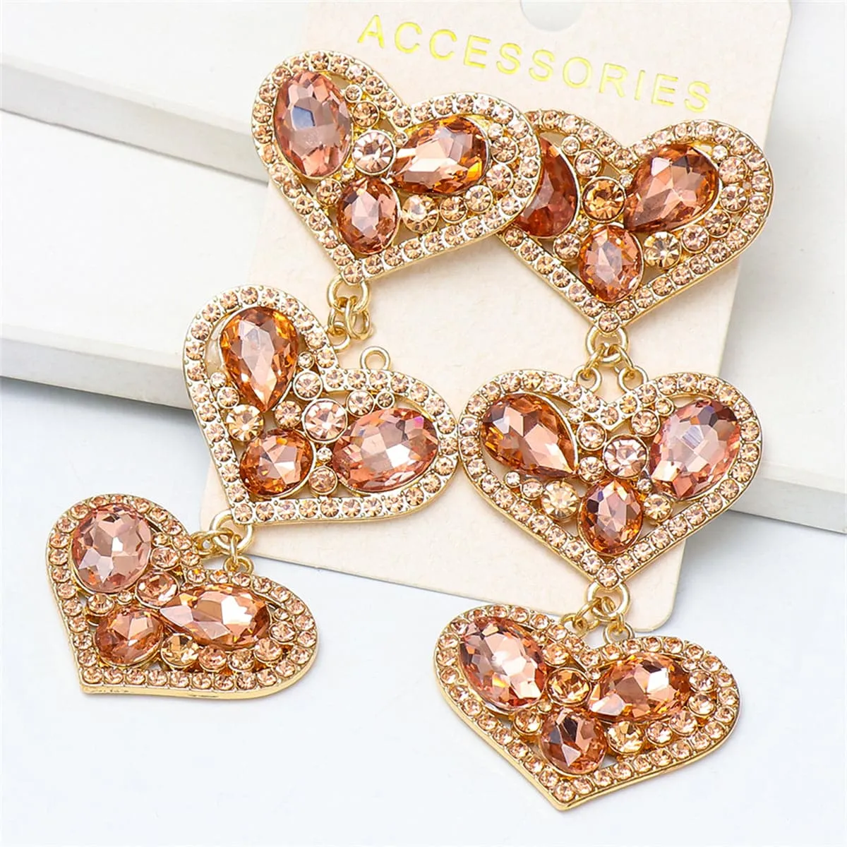 Pink Cubic Zirconia & Crystal 18K Gold-Plated Linked Heart Drop Earring