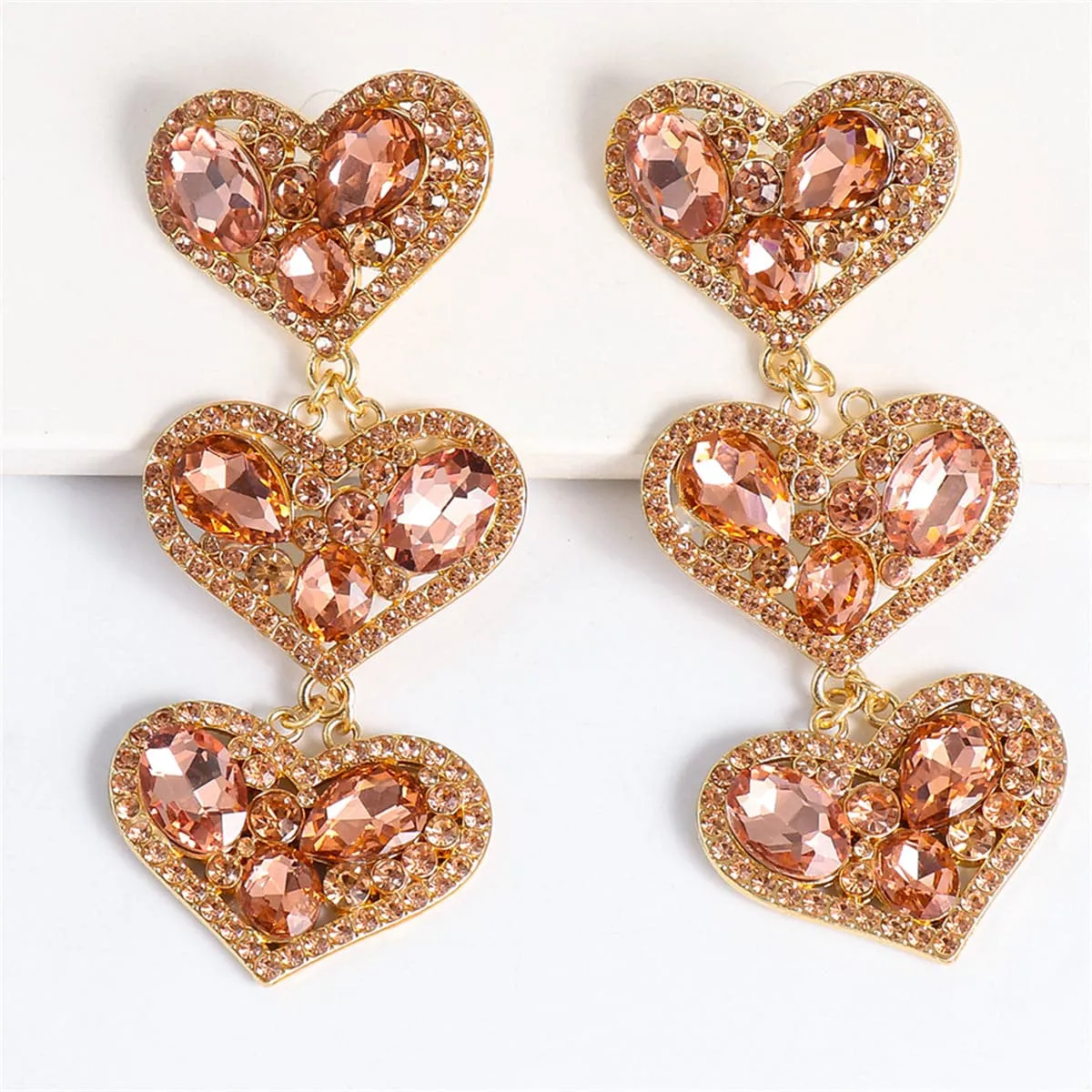 Pink Cubic Zirconia & Crystal 18K Gold-Plated Linked Heart Drop Earring
