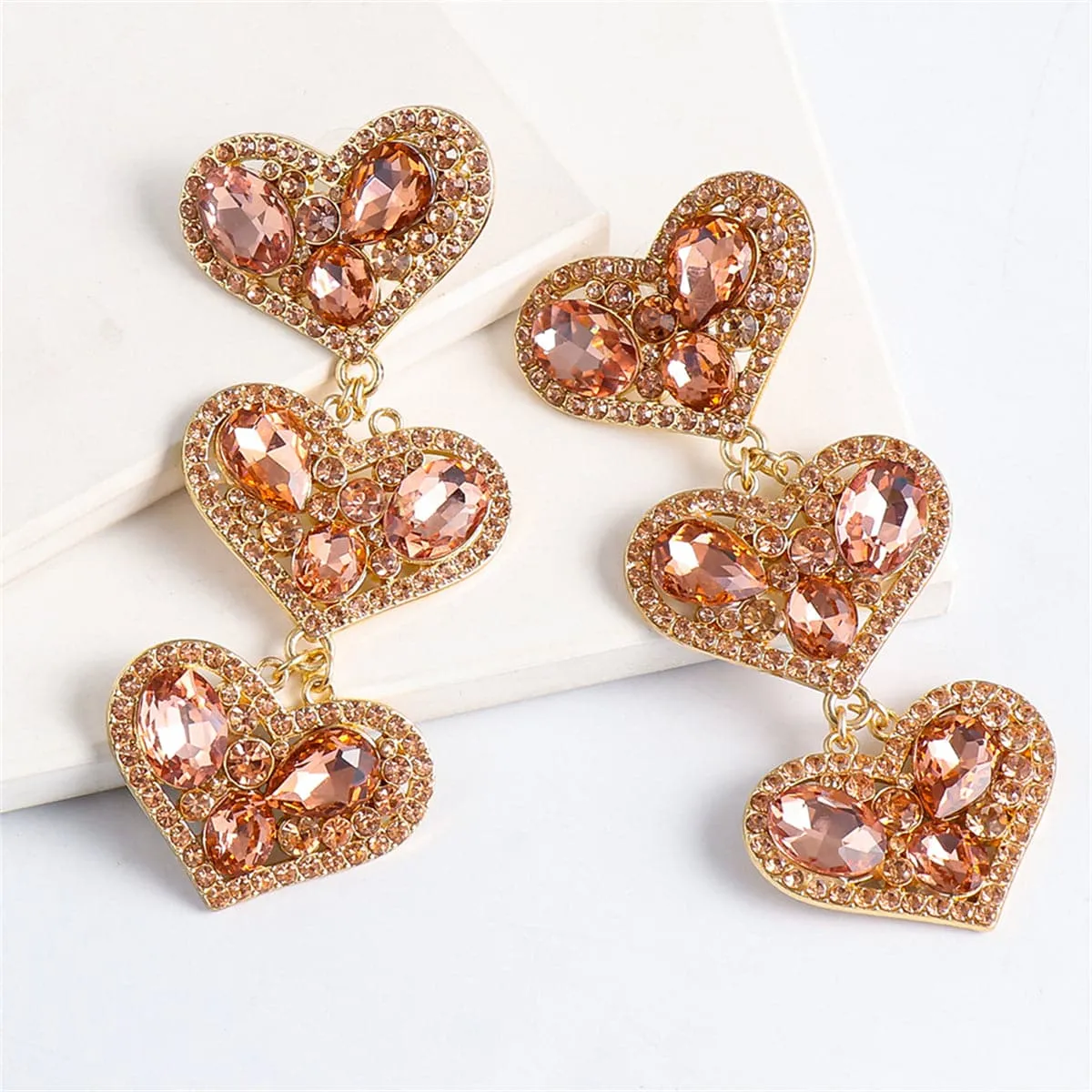 Pink Cubic Zirconia & Crystal 18K Gold-Plated Linked Heart Drop Earring
