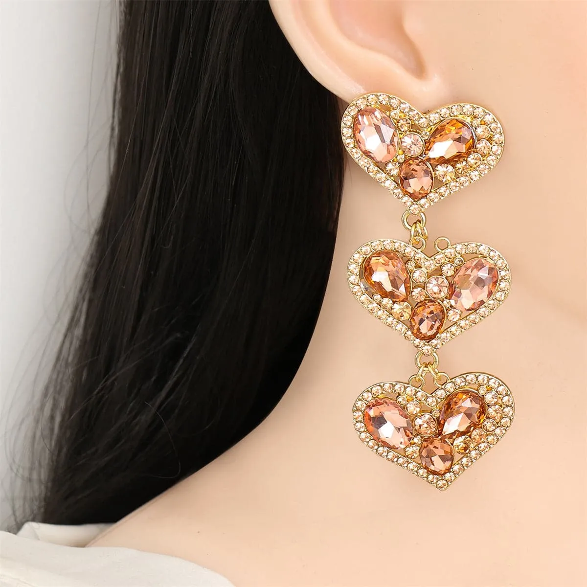 Pink Cubic Zirconia & Crystal 18K Gold-Plated Linked Heart Drop Earring