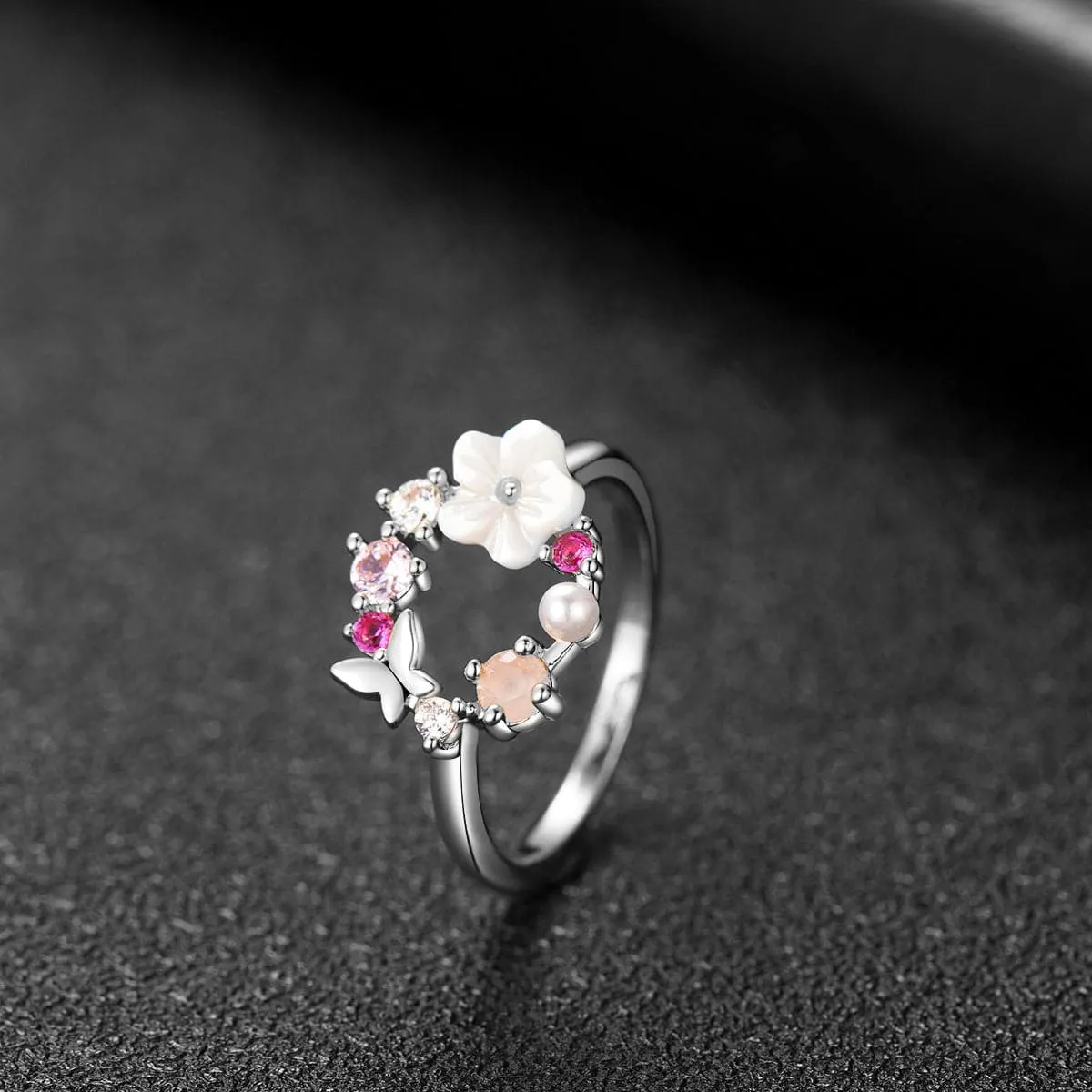 Pink Cubic Zirconia & Pearl Silver-Plated Floral Open-Circle Ring