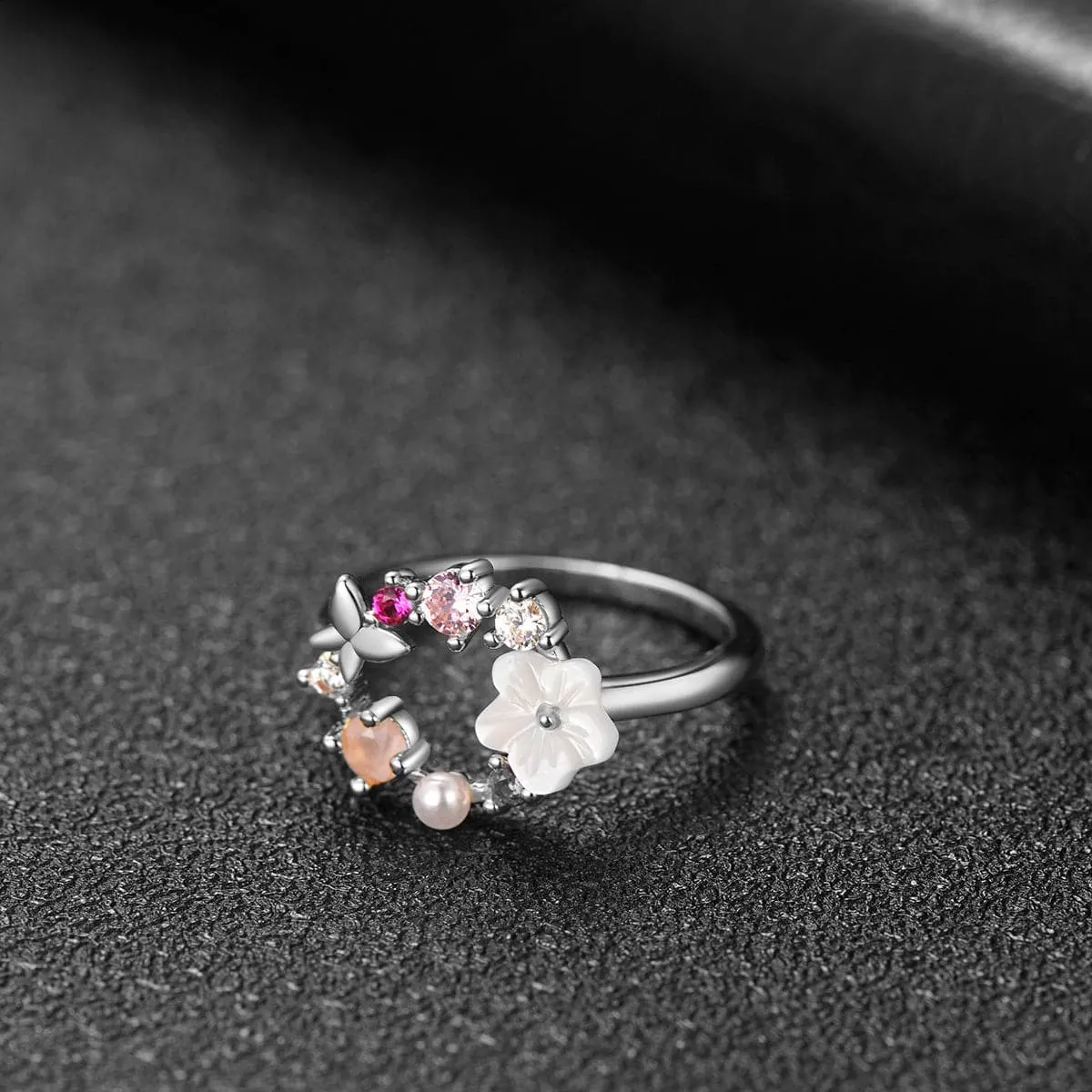 Pink Cubic Zirconia & Pearl Silver-Plated Floral Open-Circle Ring