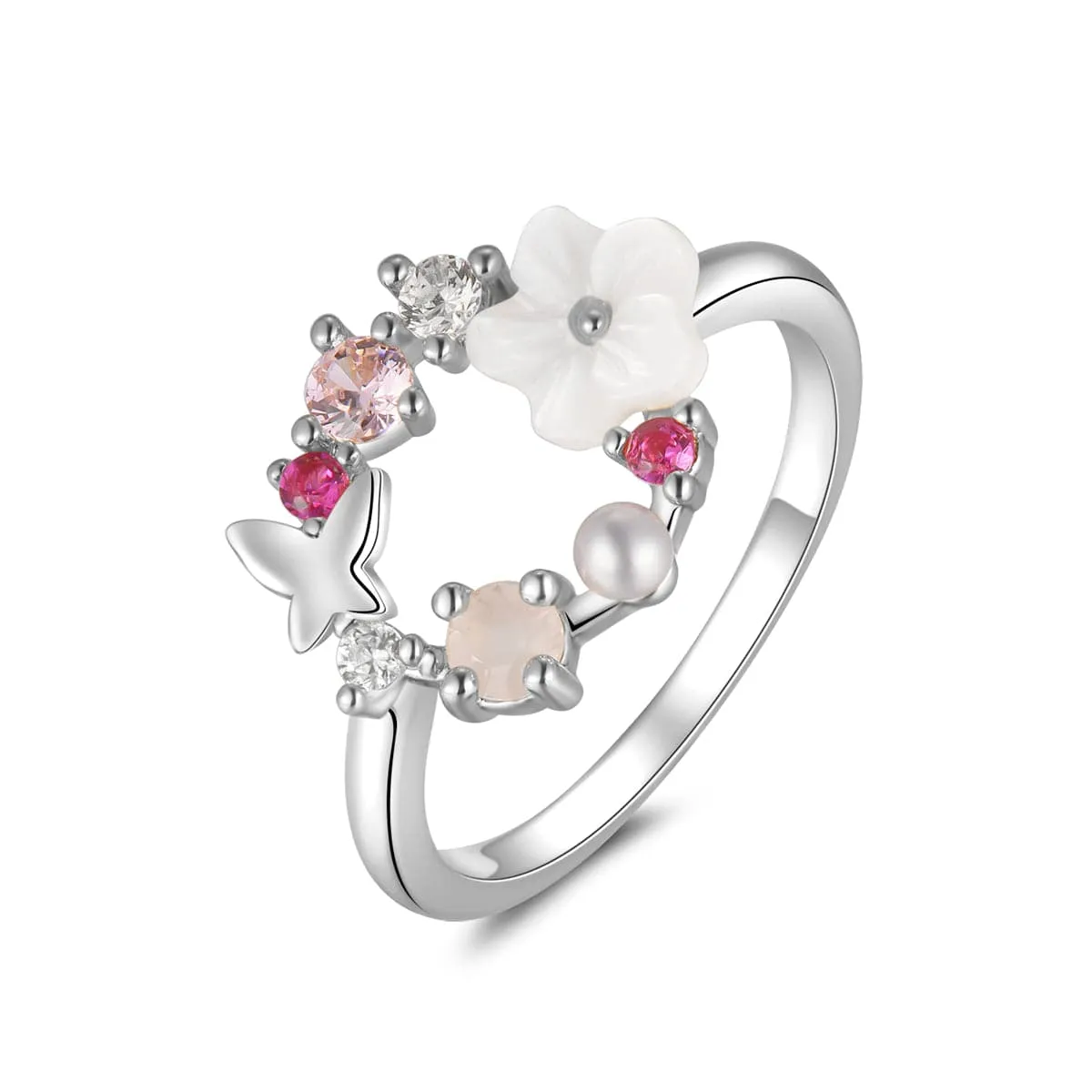 Pink Cubic Zirconia & Pearl Silver-Plated Floral Open-Circle Ring