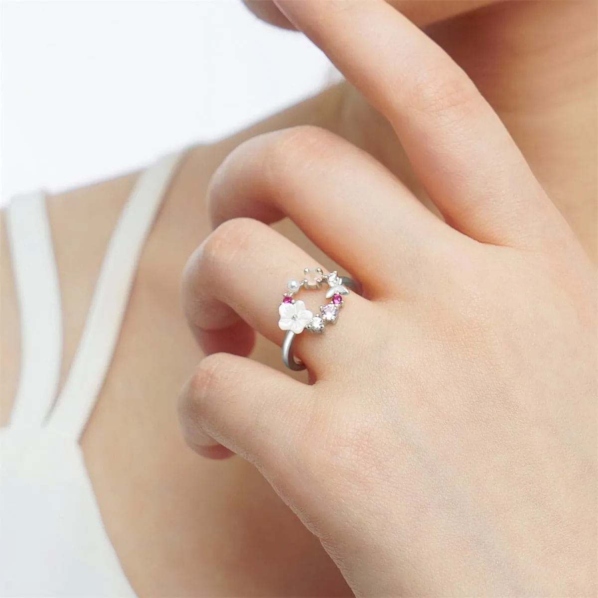 Pink Cubic Zirconia & Pearl Silver-Plated Floral Open-Circle Ring
