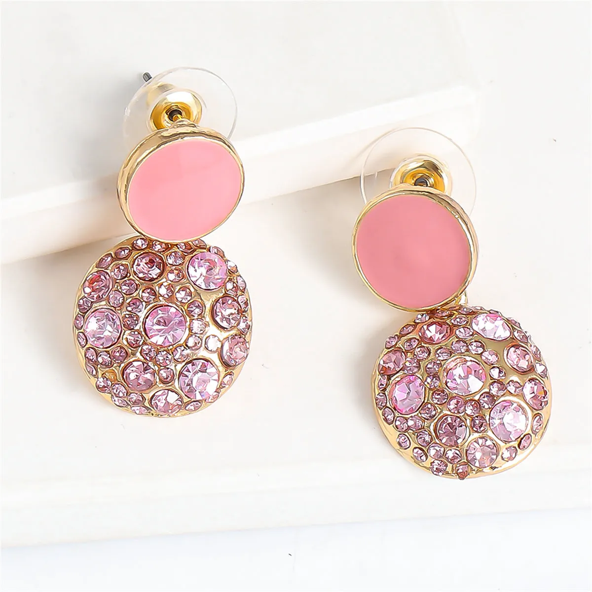 Pink Enamel & Cubic Zirconia 18K Gold-Plated Round Drop Earring