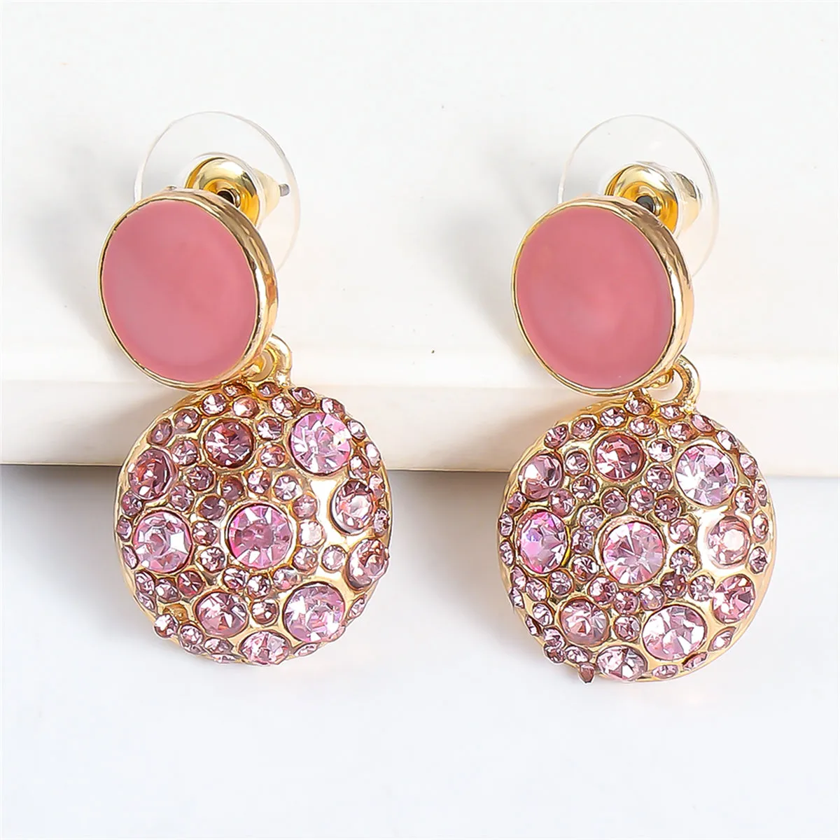 Pink Enamel & Cubic Zirconia 18K Gold-Plated Round Drop Earring