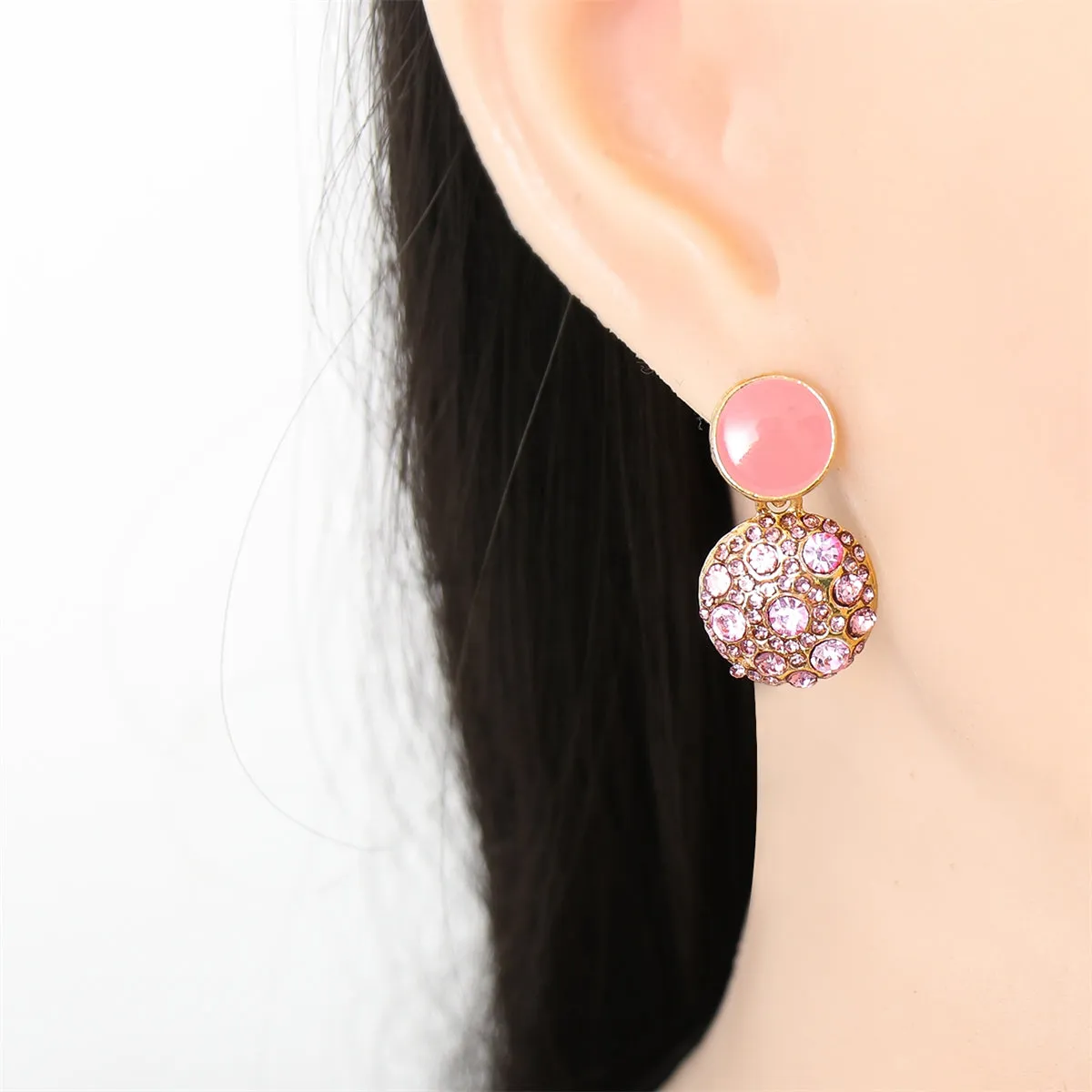 Pink Enamel & Cubic Zirconia 18K Gold-Plated Round Drop Earring