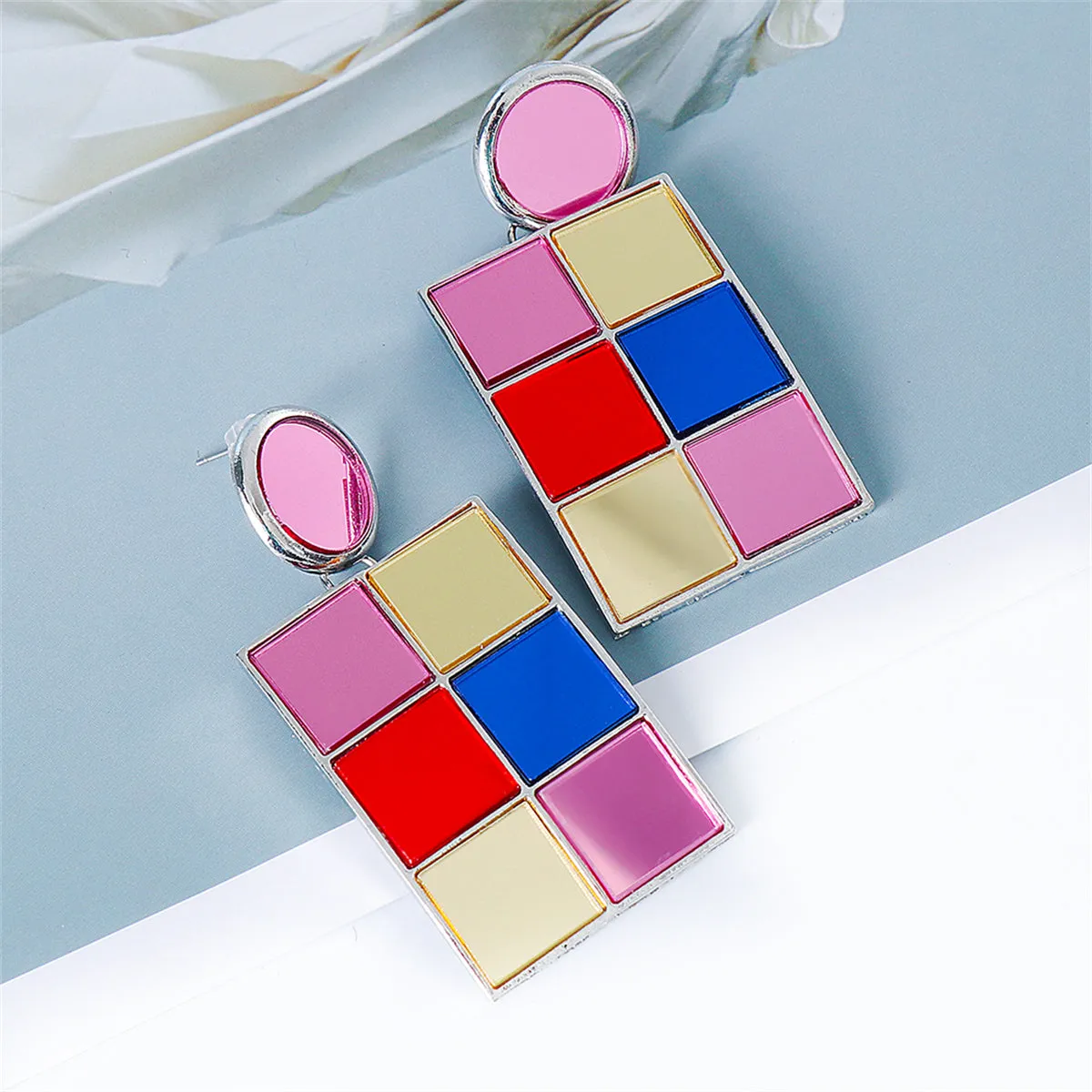 Pink Glass & Silver-Plated Multicolor Cube Drop Earrings