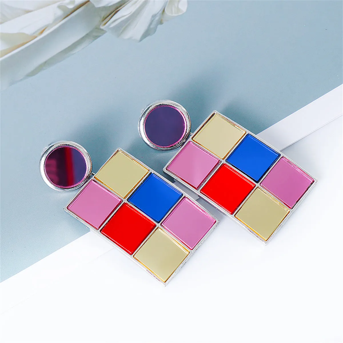 Pink Glass & Silver-Plated Multicolor Cube Drop Earrings