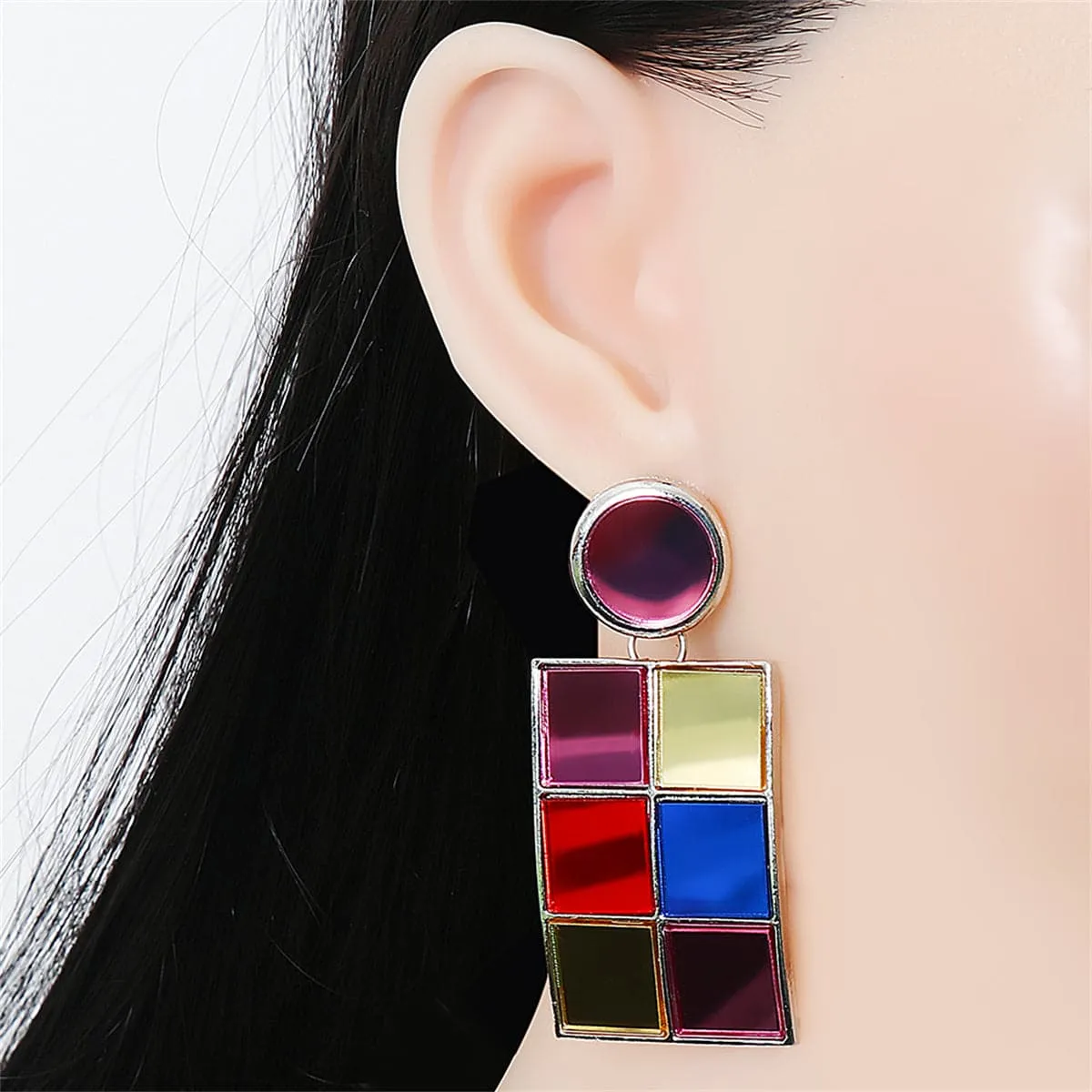 Pink Glass & Silver-Plated Multicolor Cube Drop Earrings