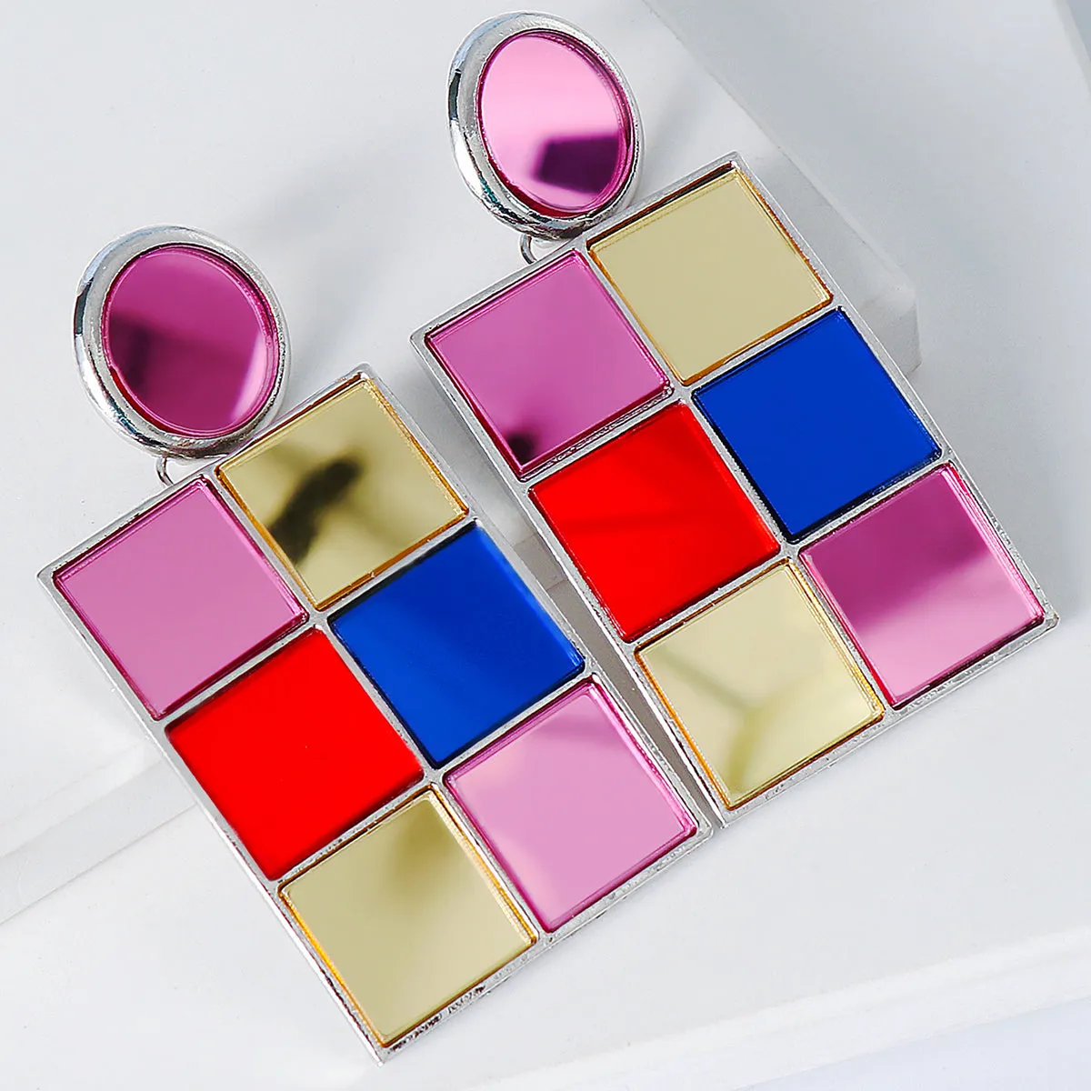Pink Glass & Silver-Plated Multicolor Cube Drop Earrings