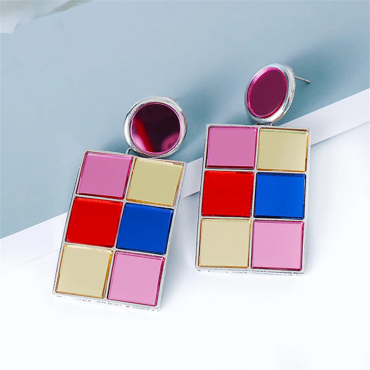 Pink Glass & Silver-Plated Multicolor Cube Drop Earrings