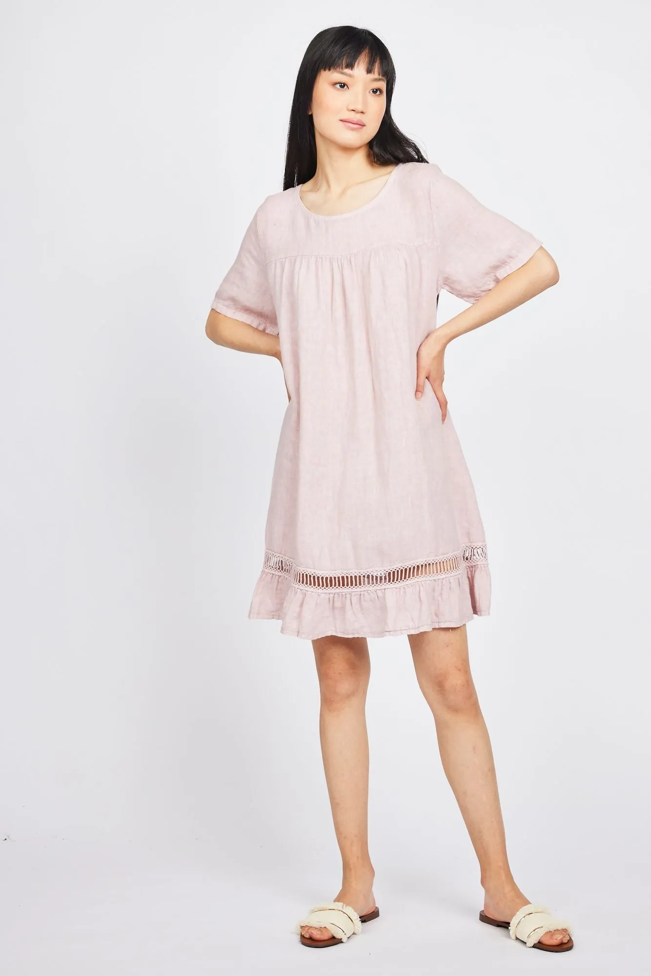 Pistache Linen Dress with Ladder Trim bottom