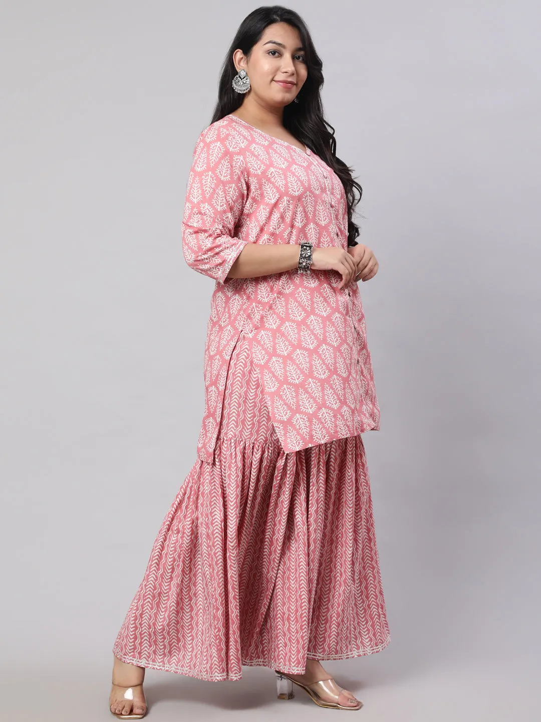 Plus Size Pink Ethnic Printed Kurti With Sharara And Chiffon Dupatta