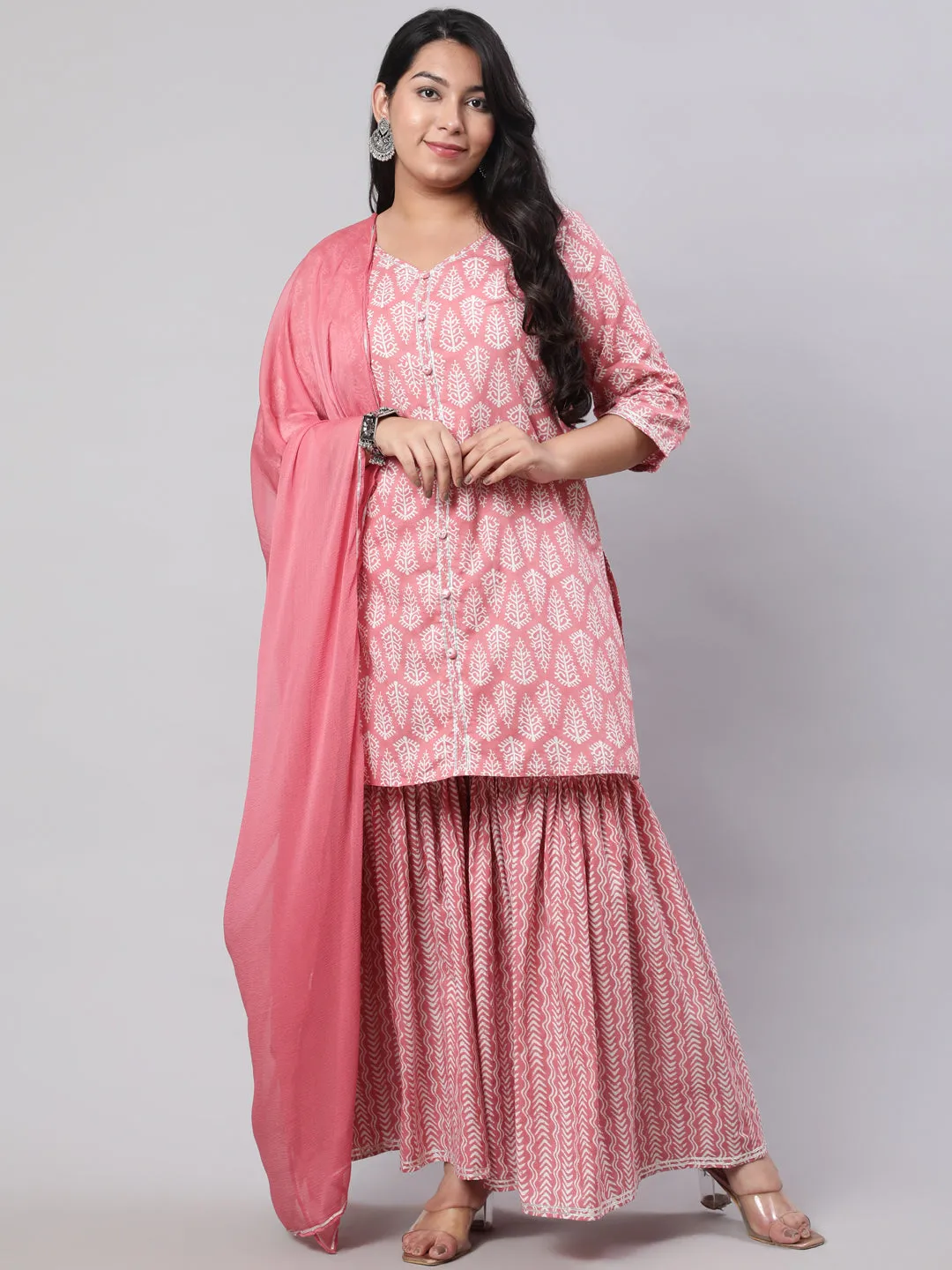 Plus Size Pink Ethnic Printed Kurti With Sharara And Chiffon Dupatta