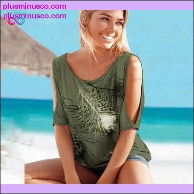 Plus Size T-Shirt 2019 Summer Off Shoulder Tops Feather