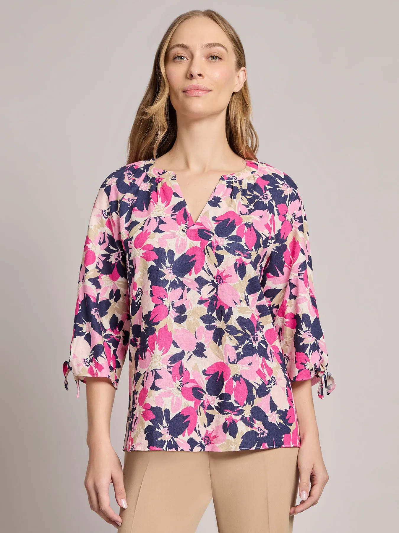 Plus V-Neck Tie-Sleeve Blouse, Printed Linen