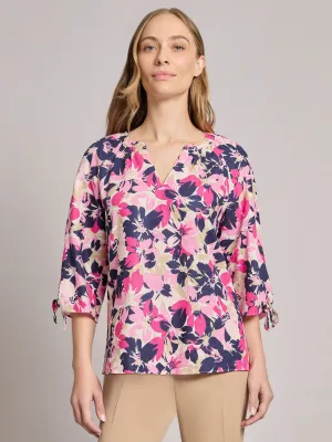 Plus V-Neck Tie-Sleeve Blouse, Printed Linen