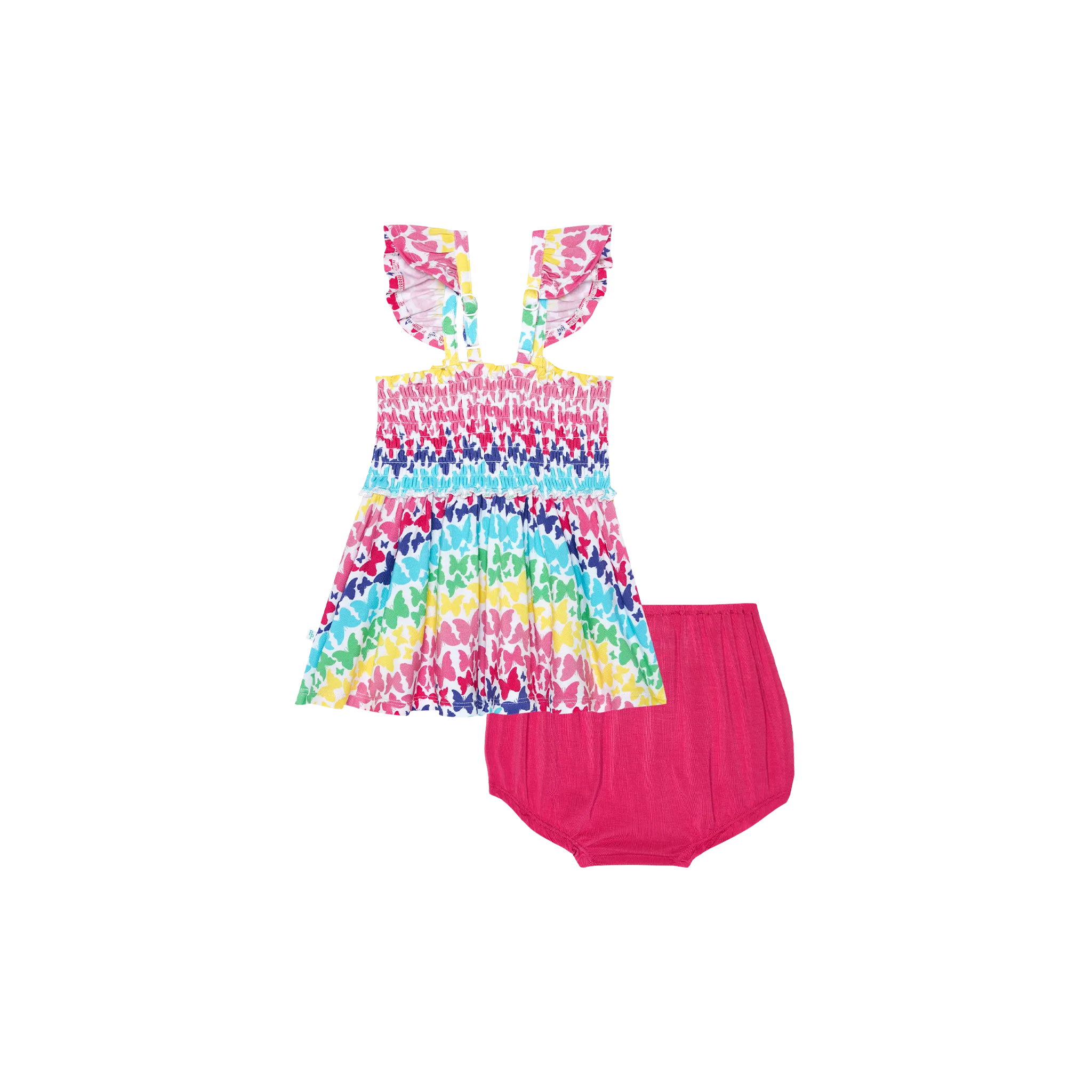 Posh Peanut- Rainbow Butterfly Smocked Flutter Sleeve Babydoll & Bloomer set