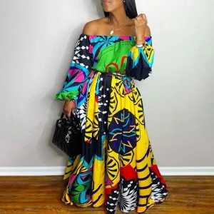 Print Off Shoulder Long Sleeve Casual Dress
