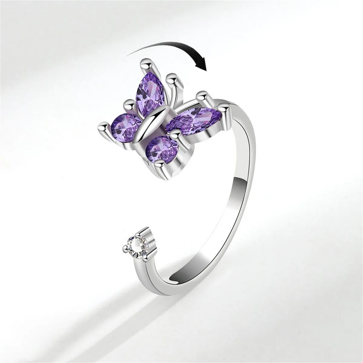 Purple Crystal & Cubic Zirconia Rotating Butterfly Open Ring