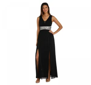 R&m Richards Womens Petite Rhinestone Waist V-Neck Gown Dress 2522P Black 12P