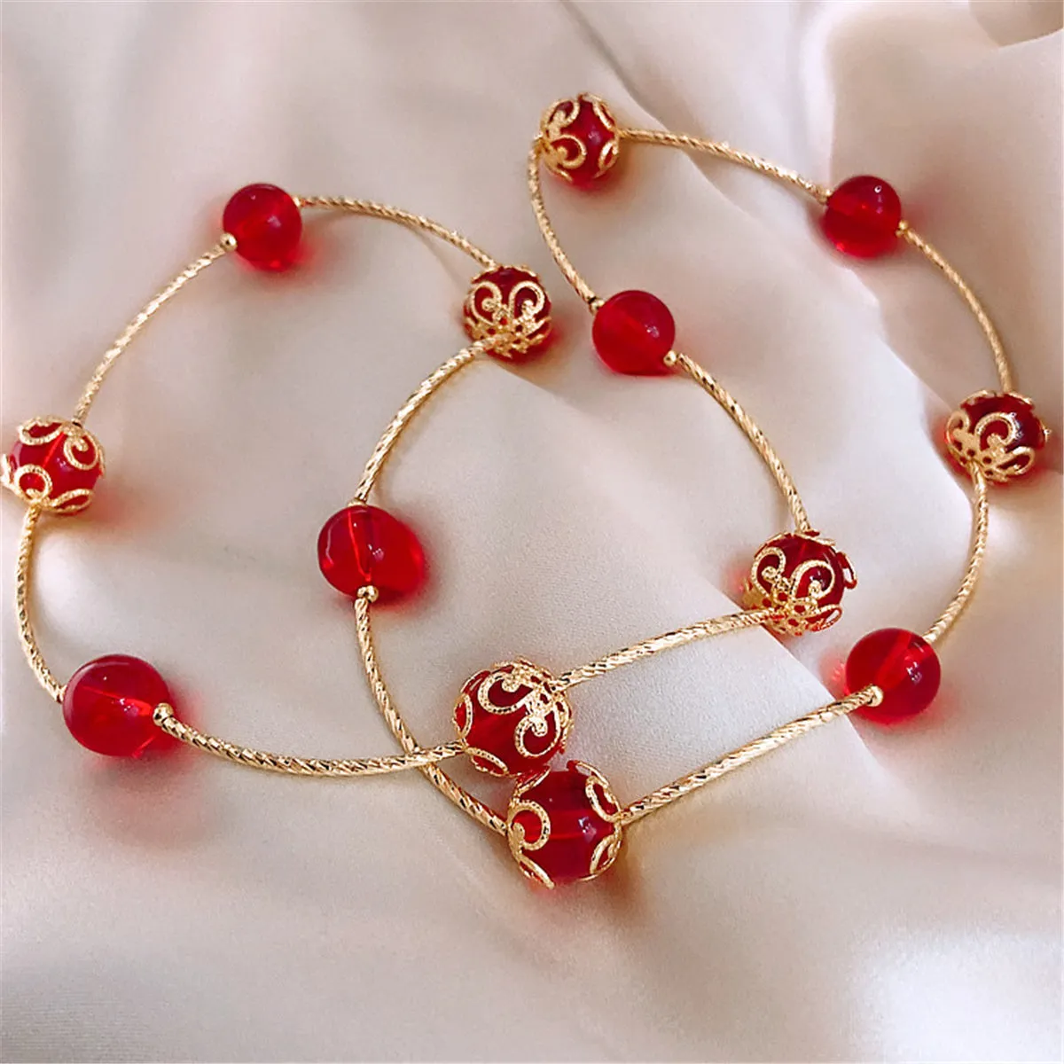 Red Acrylic & 18K Gold-Plated Floral Ball Station Bracelet