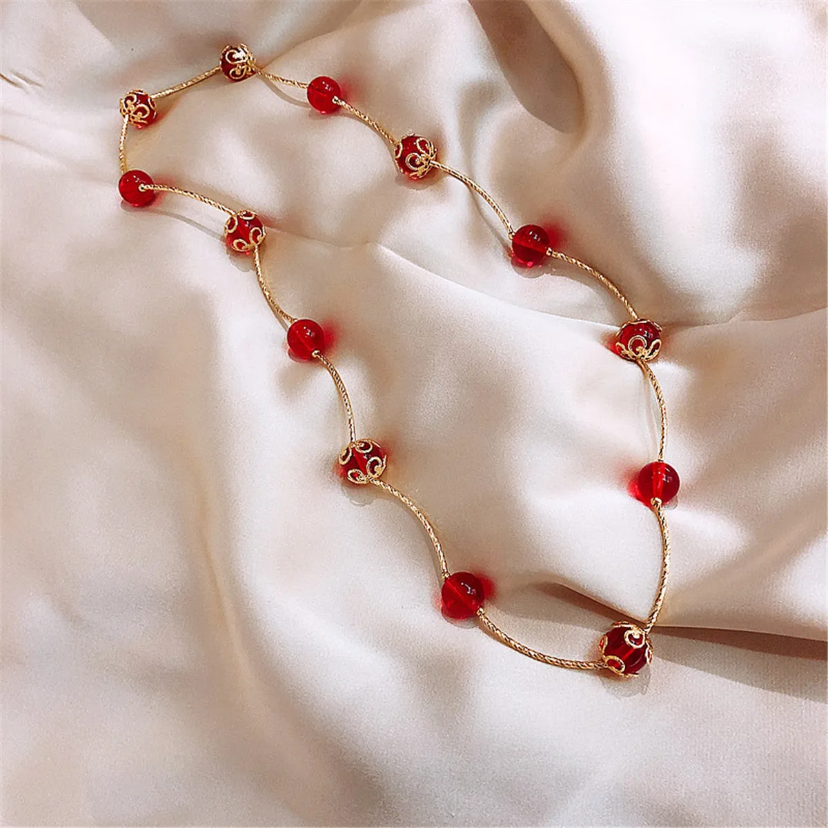 Red Acrylic & 18K Gold-Plated Floral Ball Station Bracelet