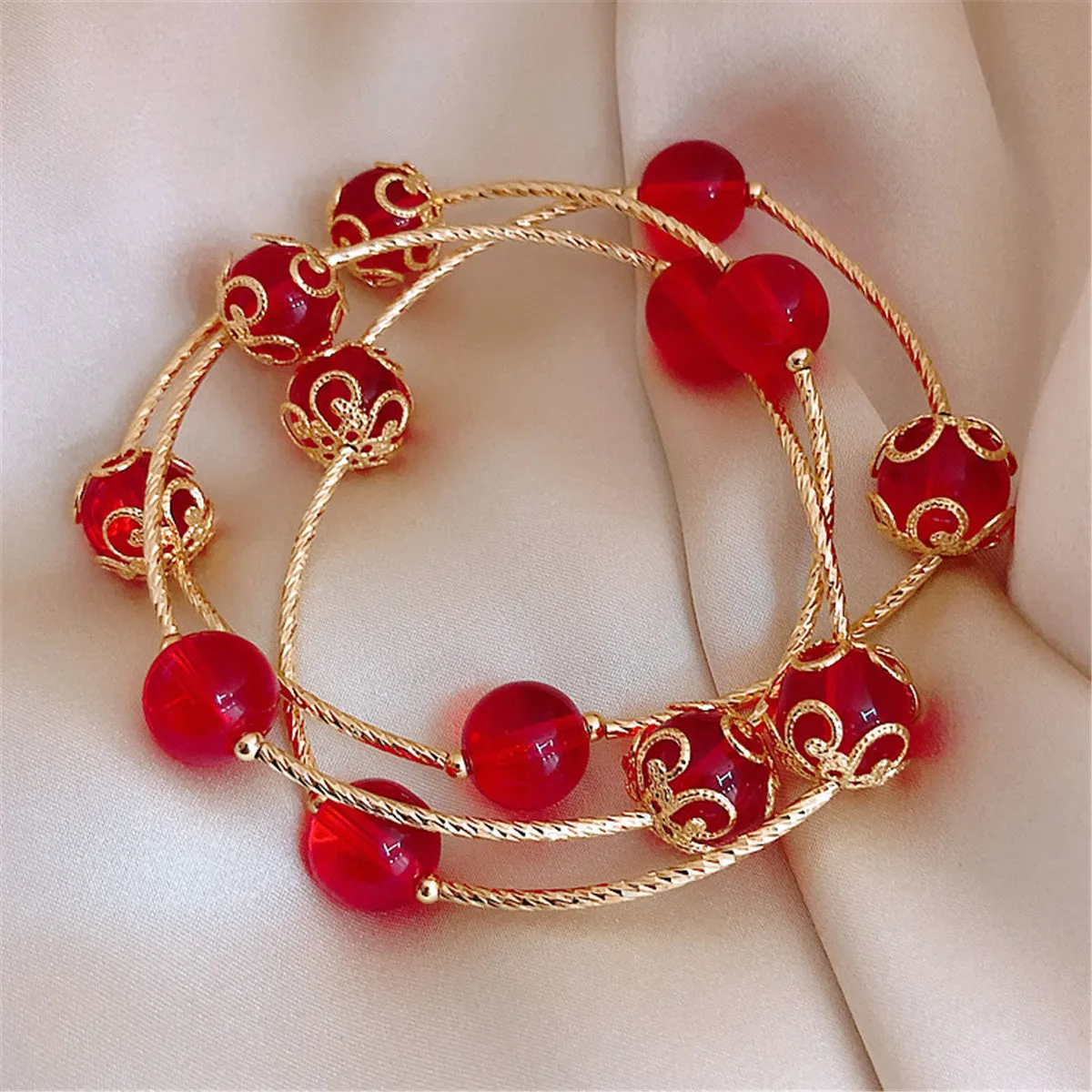 Red Acrylic & 18K Gold-Plated Floral Ball Station Bracelet