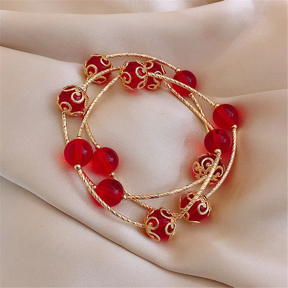 Red Acrylic & 18K Gold-Plated Floral Ball Station Bracelet