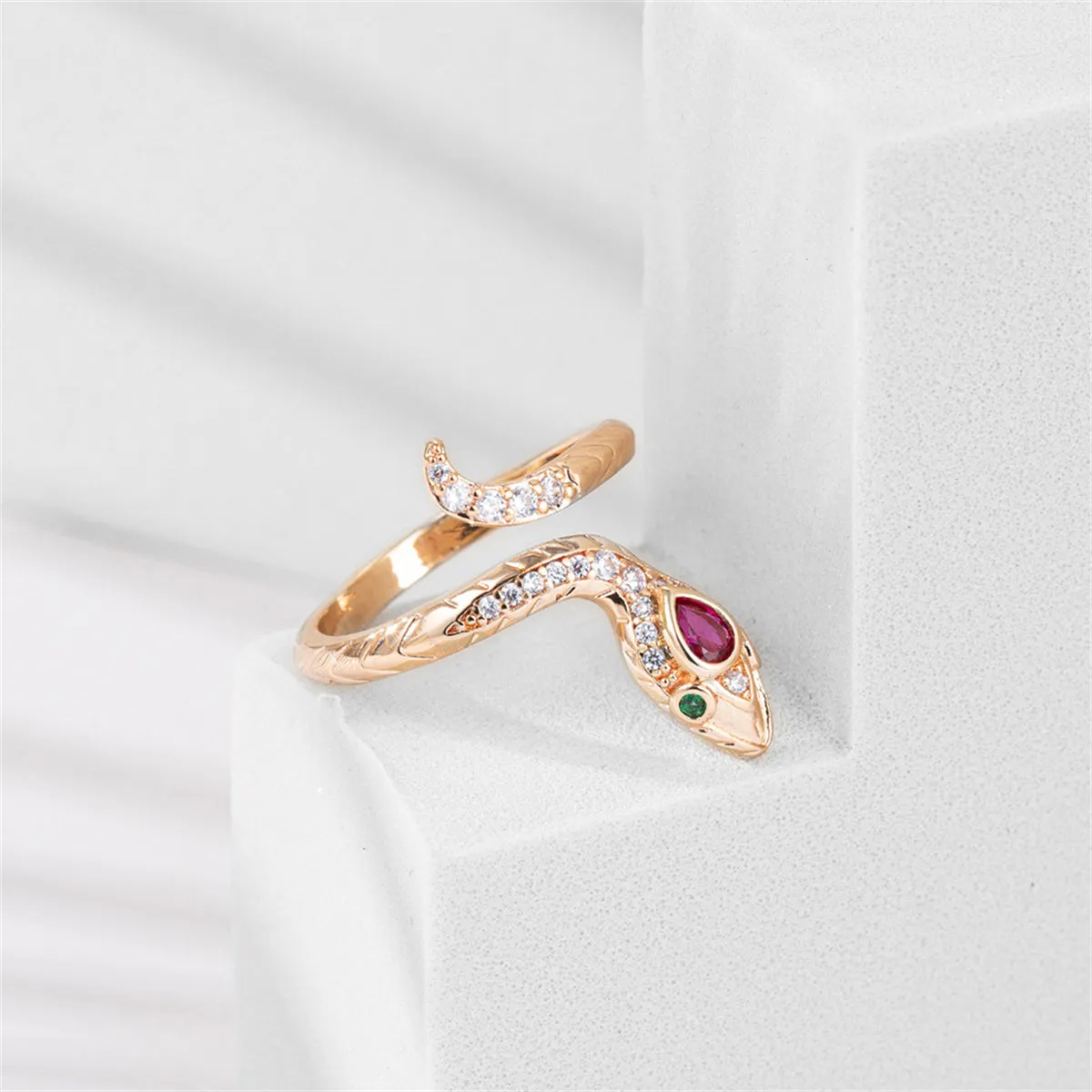 Red Crystal & Cubic Zirconia Snake Adjustable Bypass Ring