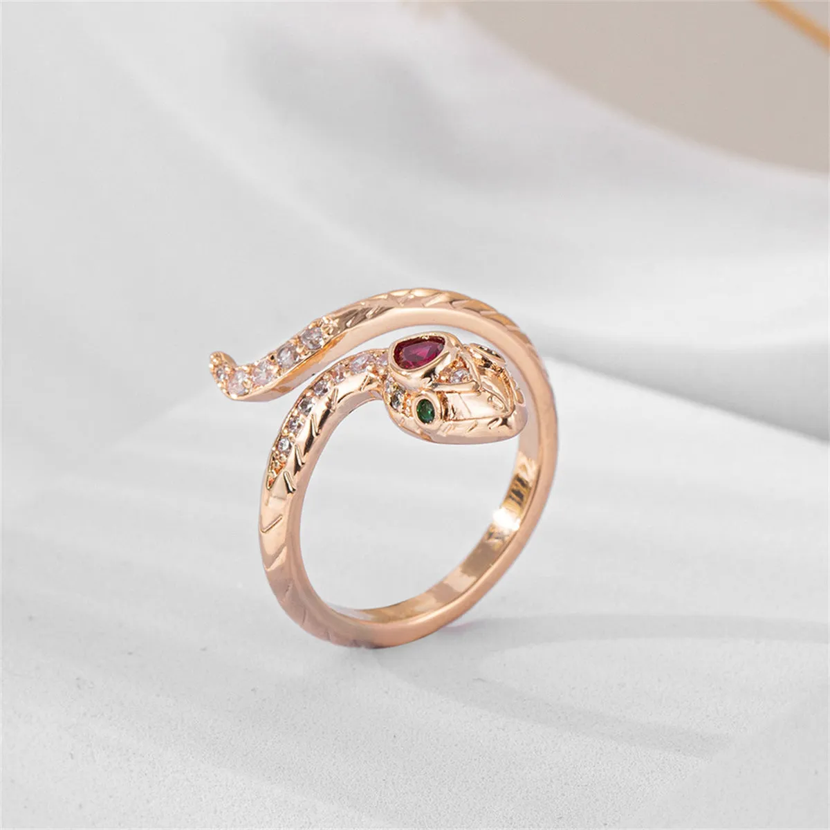 Red Crystal & Cubic Zirconia Snake Adjustable Bypass Ring