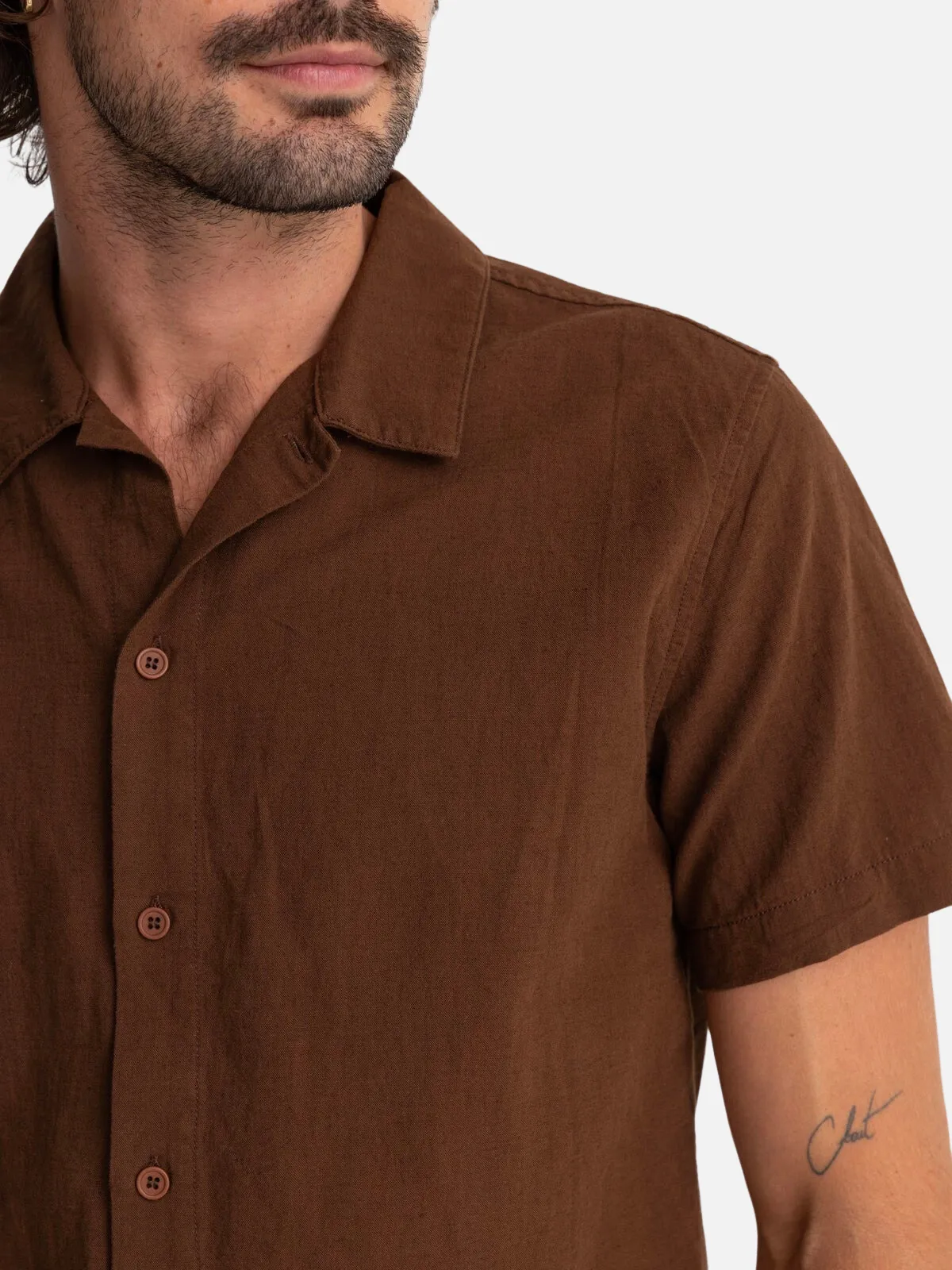 Rhythm Classic Linen SS Shirt - Chocolate
