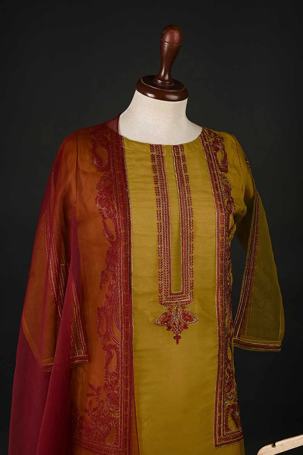 RTW-100-Mustard - 3Pc Stitched Embroidered Organza Dress