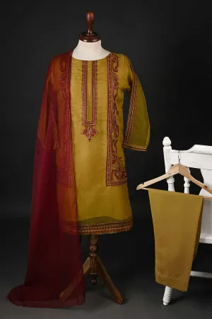 RTW-100-Mustard - 3Pc Stitched Embroidered Organza Dress