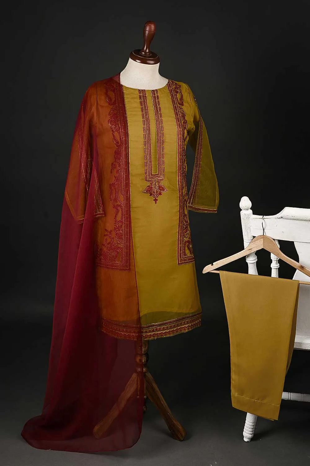 RTW-100-Mustard - 3Pc Stitched Embroidered Organza Dress