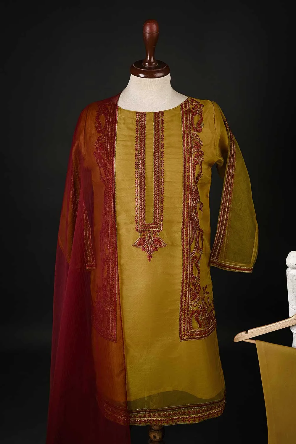 RTW-100-Mustard - 3Pc Stitched Embroidered Organza Dress