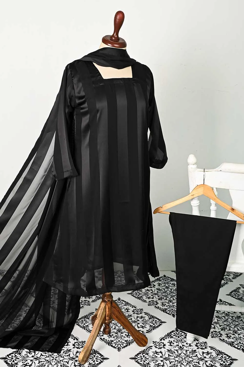 RTW-102-Black -  3Pc Stitched Chiffon Dress
