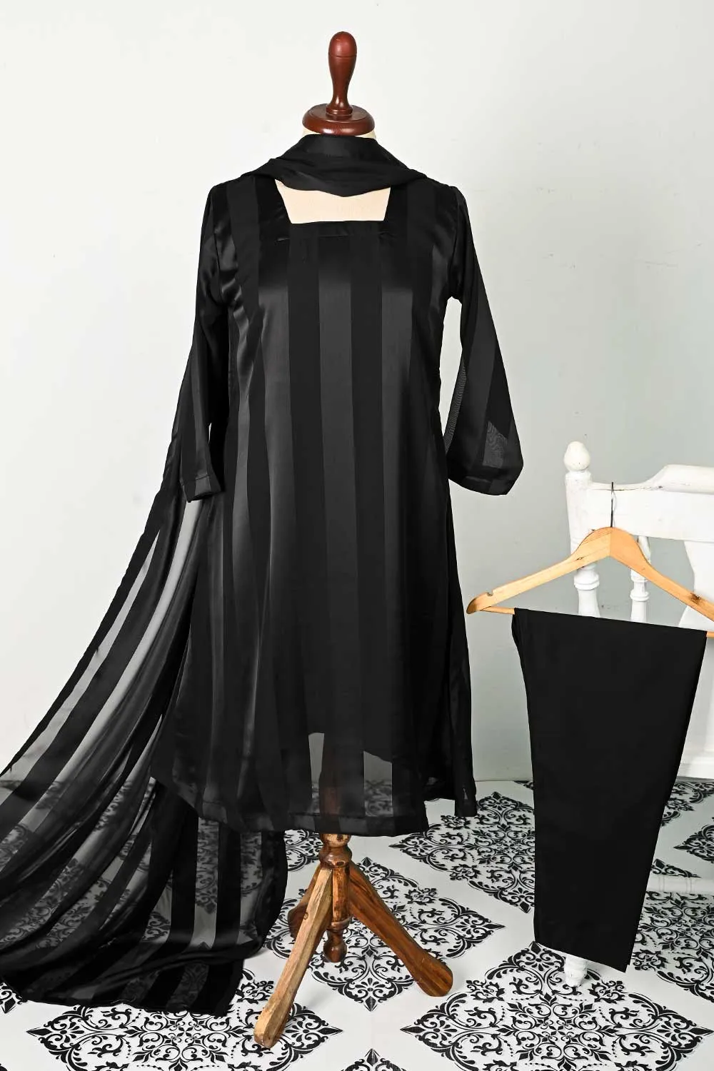 RTW-102-Black -  3Pc Stitched Chiffon Dress
