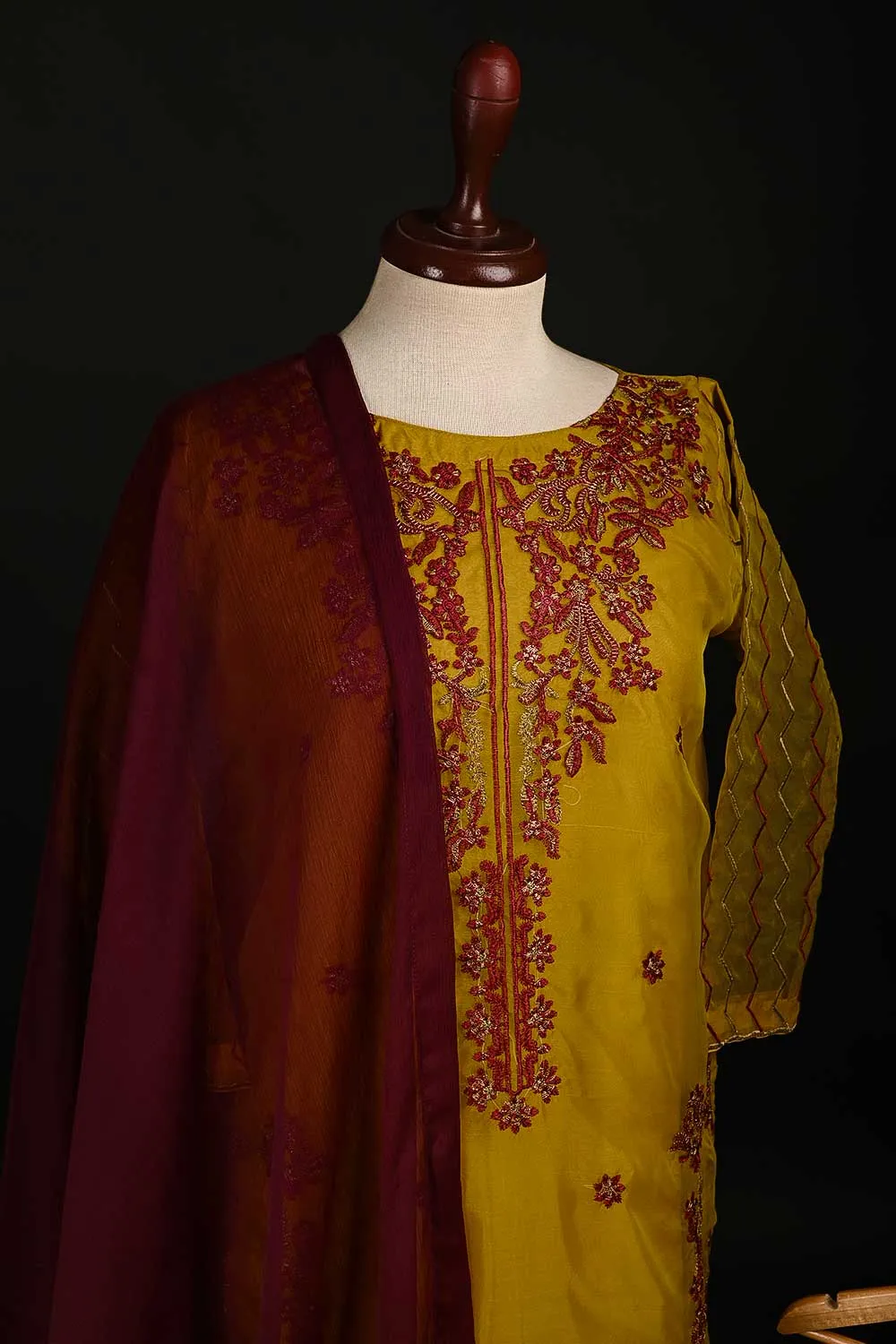 RTW-109-Mustard - 3Pc Stitched Embroidered Organza Dress