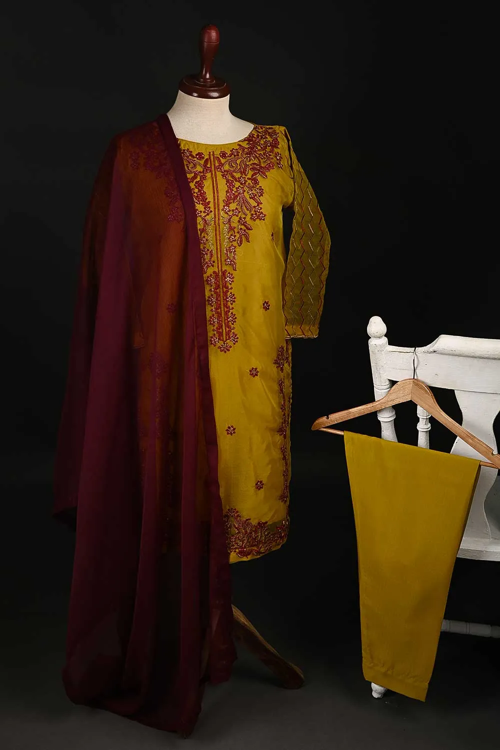 RTW-109-Mustard - 3Pc Stitched Embroidered Organza Dress