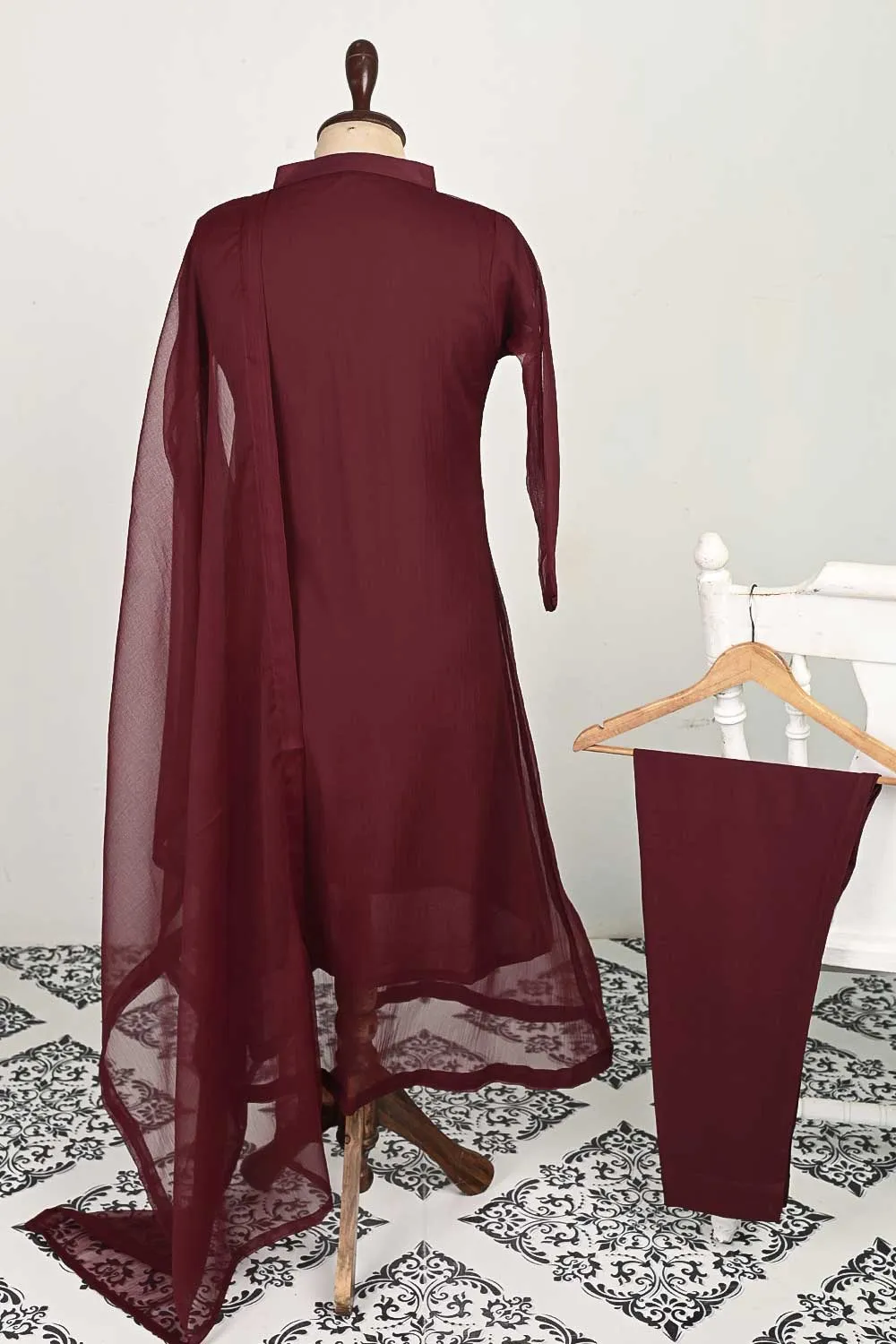 RTW-120-Maroon -  3Pc Stitched Chiffon Shirt