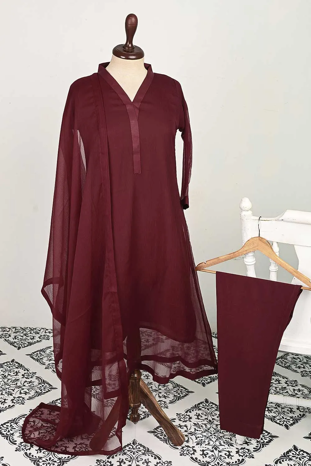 RTW-120-Maroon -  3Pc Stitched Chiffon Shirt