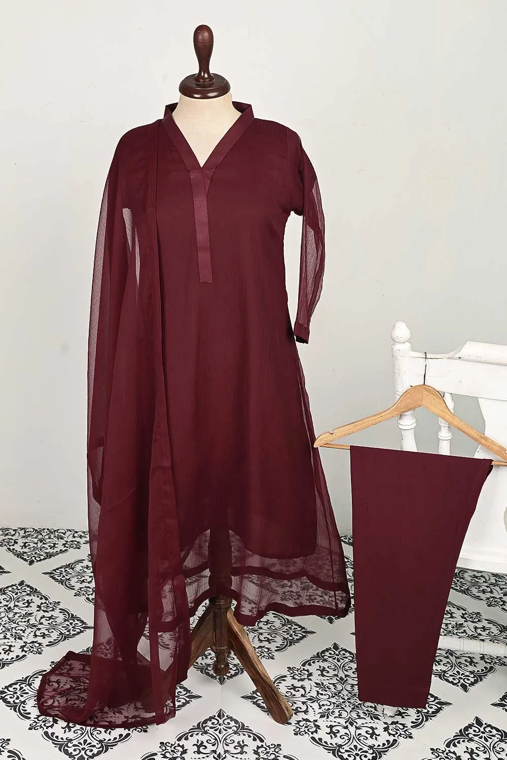 RTW-120-Maroon -  3Pc Stitched Chiffon Shirt
