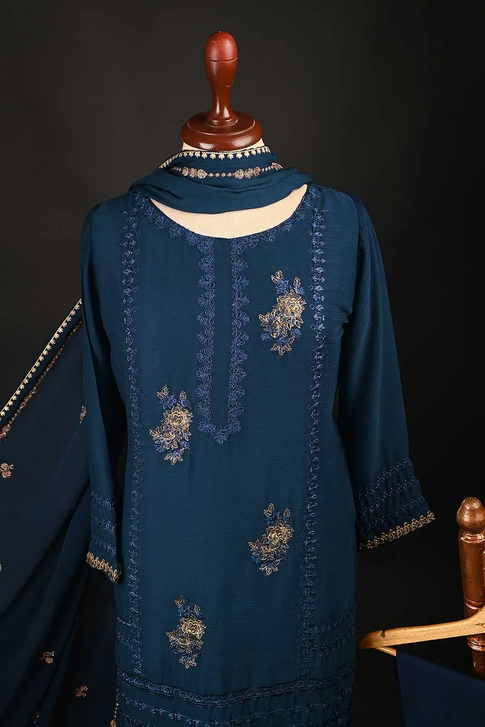RTW-153-NavyBlue -  3Pc Stitched Chiffon Shirt