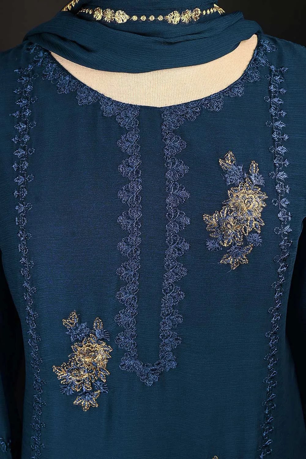 RTW-153-NavyBlue -  3Pc Stitched Chiffon Shirt