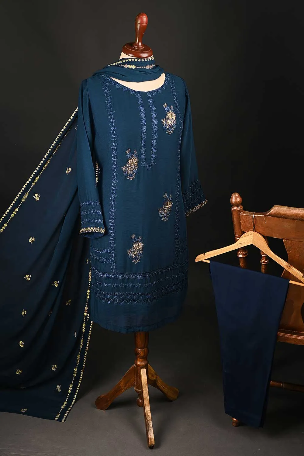 RTW-153-NavyBlue -  3Pc Stitched Chiffon Shirt